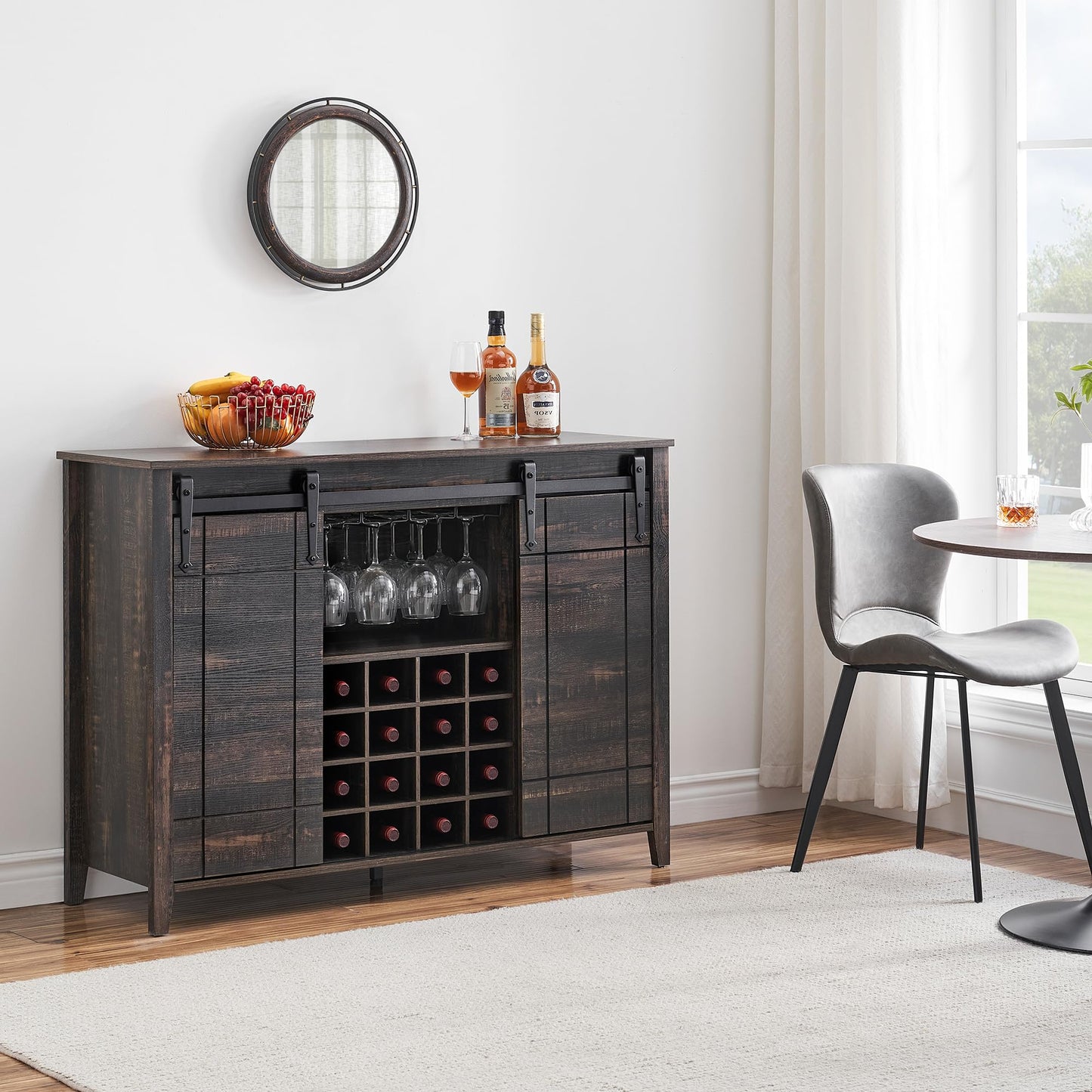 IDEALHOUSE Wine Bar Cabinet,Coffee Bar Cabinet,Farmhouse Liquor Station,Rustic Buffet Sideboard with Sliding Barn Doors,Wine & Glass Racks,Adjustable Shelves,for Living Room,Kitchen,Entryway(Fire)