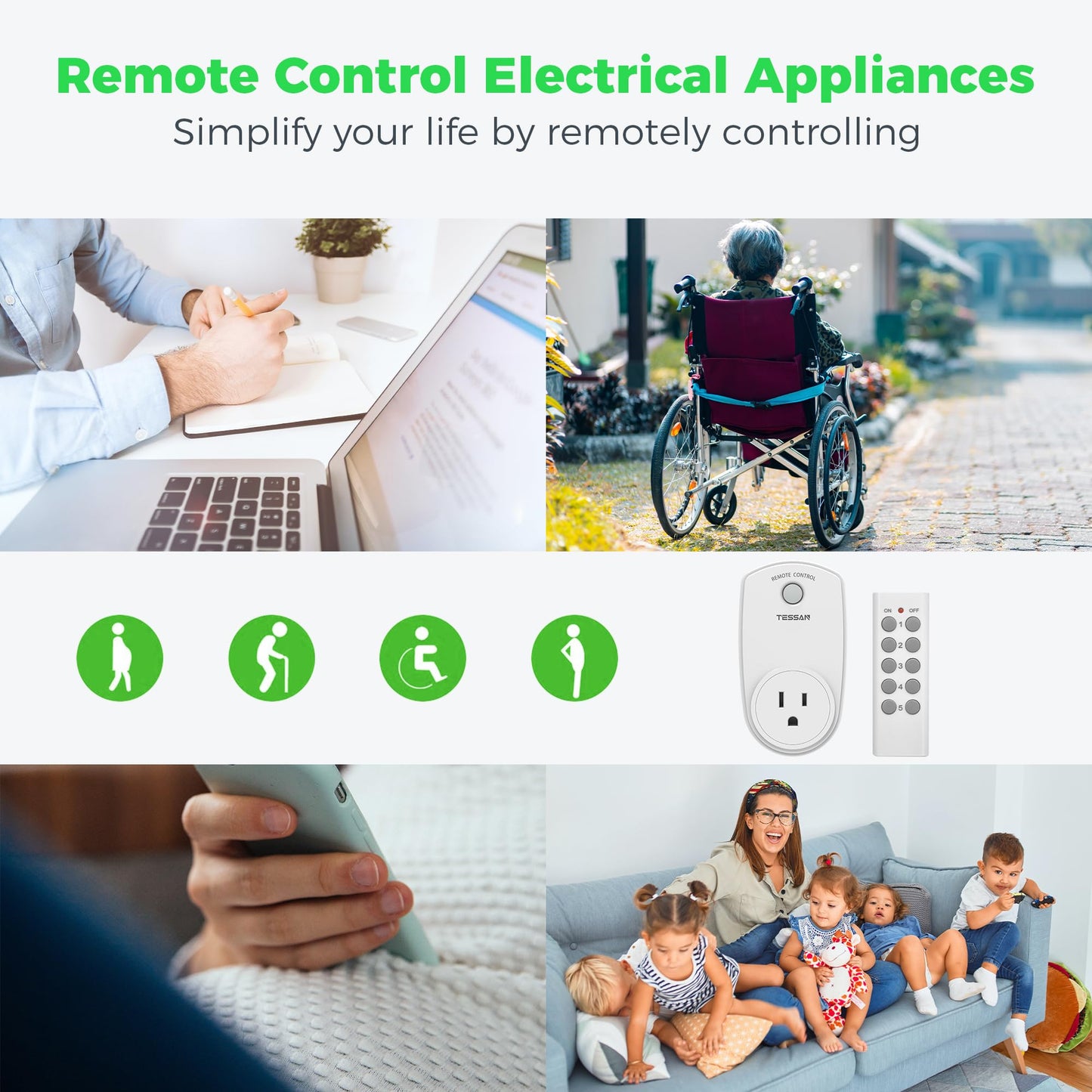 3 Pack Remote Control Outlet, TESSAN Wireless Electrical Plug Switch for Lights, Lamps, Fans, 100ft RF Range Indoor On/Off Switch, 1200W (1 Remote + 3 Outlet)