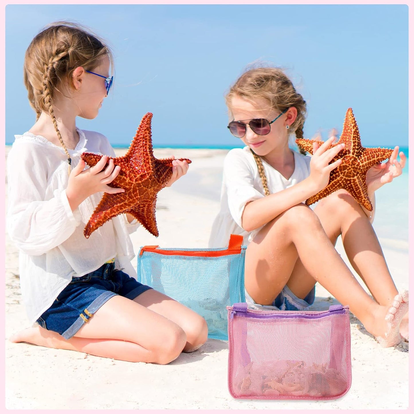 12 Pack Swimming 6 Saintrygo Mesh Beach Bag Shell Collecting Bag Bulk Beach Tote Party Favor Sand Toy Bags with Zipper