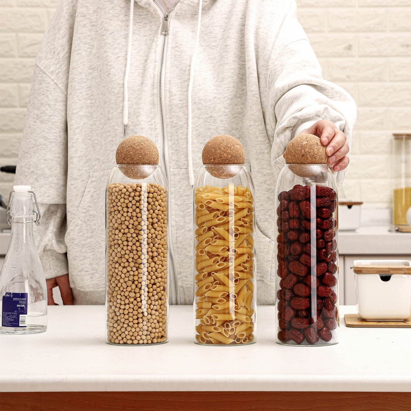 Cunhill 3 Pcs Glass Jar with Ball Cork Lid Decorative Round Bottle Sealed Canister Jar Storage Container Organizer with Airtight Wooden Lid for Food Coffee Bean Candy Biscuits Spice(1300 ML/ 44 Oz)