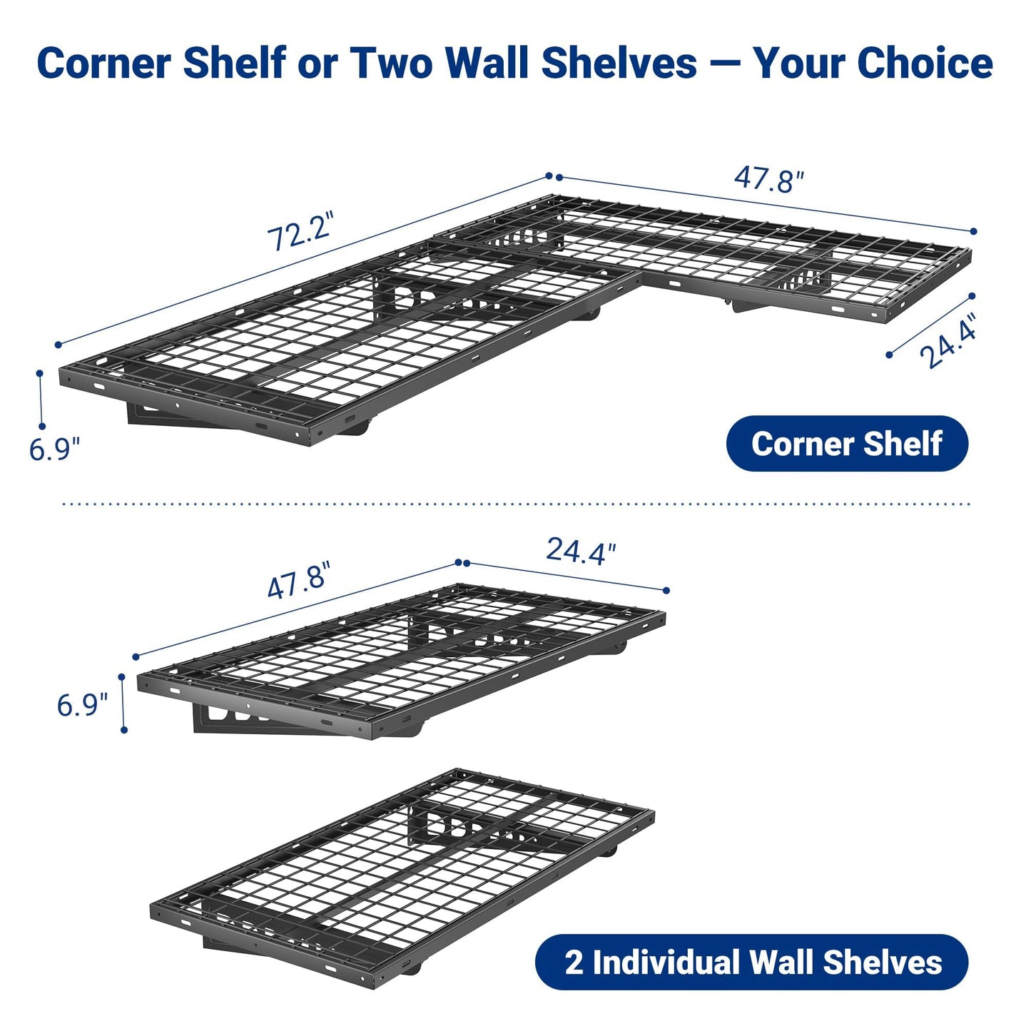 FLEXIMOUNTS 4 Pack 2x4ft Corner Wall Shelving Garage Storage Rack, 24x48 inch Floating Shelves, 1320lbs Total Weight Capacity, Black