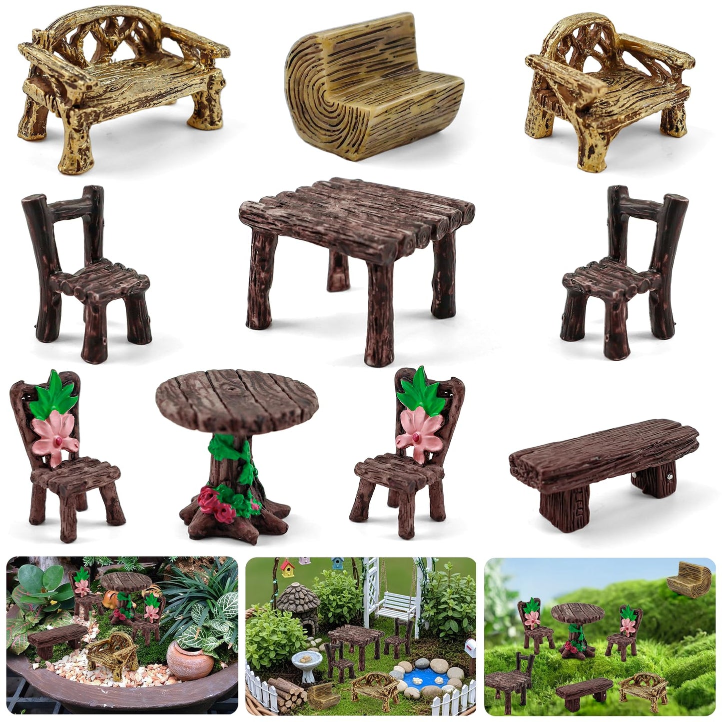 Morofme 10 Pcs Mini Garden Furniture Ornaments Miniature Table and Chairs Resin Bench Chair Kit Garden Furniture Accessories for Cake Topper Micro Landscape DIY Craft Succulent Flower Pot Decorations