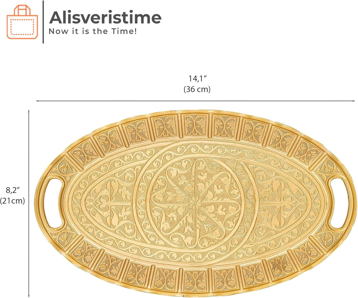 Alisveristime 2-Person Zamac Serving Tray - Turkish Ottoman Inspired, Authentic Ellipse Design in Gold, Silver, Antique