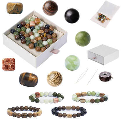 Geezon Navis Bracelet Making Kit - 10mm Natural Stone Beads with Wooden Beads - 48pcs Multicolor - DIY Jewelry Making Starter Kit Adult Men Women Birthday Mothers Day Gift Craft (48, Color A)