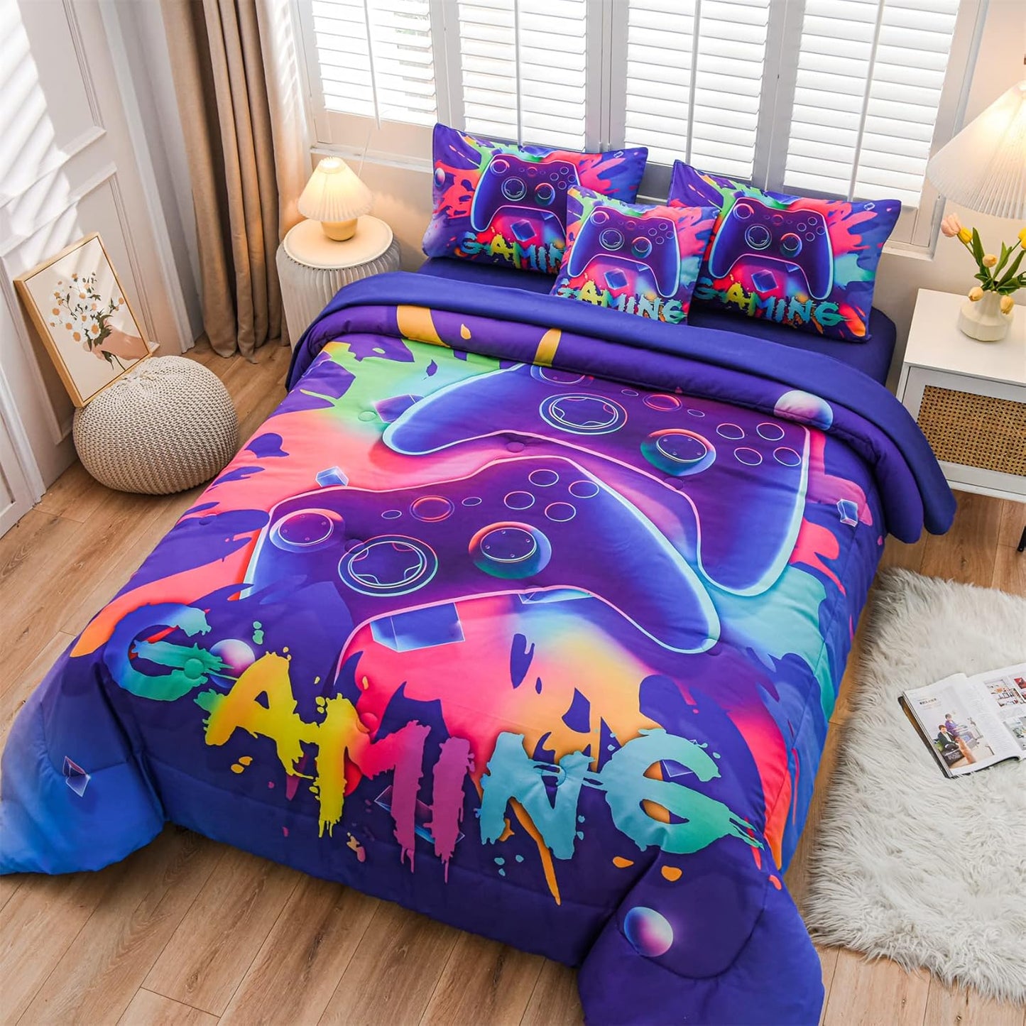 Aimuan Gaming Comforter Sets for Boys Kids Bedding Sets, Video Games Console Action Buttons, Twin 6 Pcs, Purple