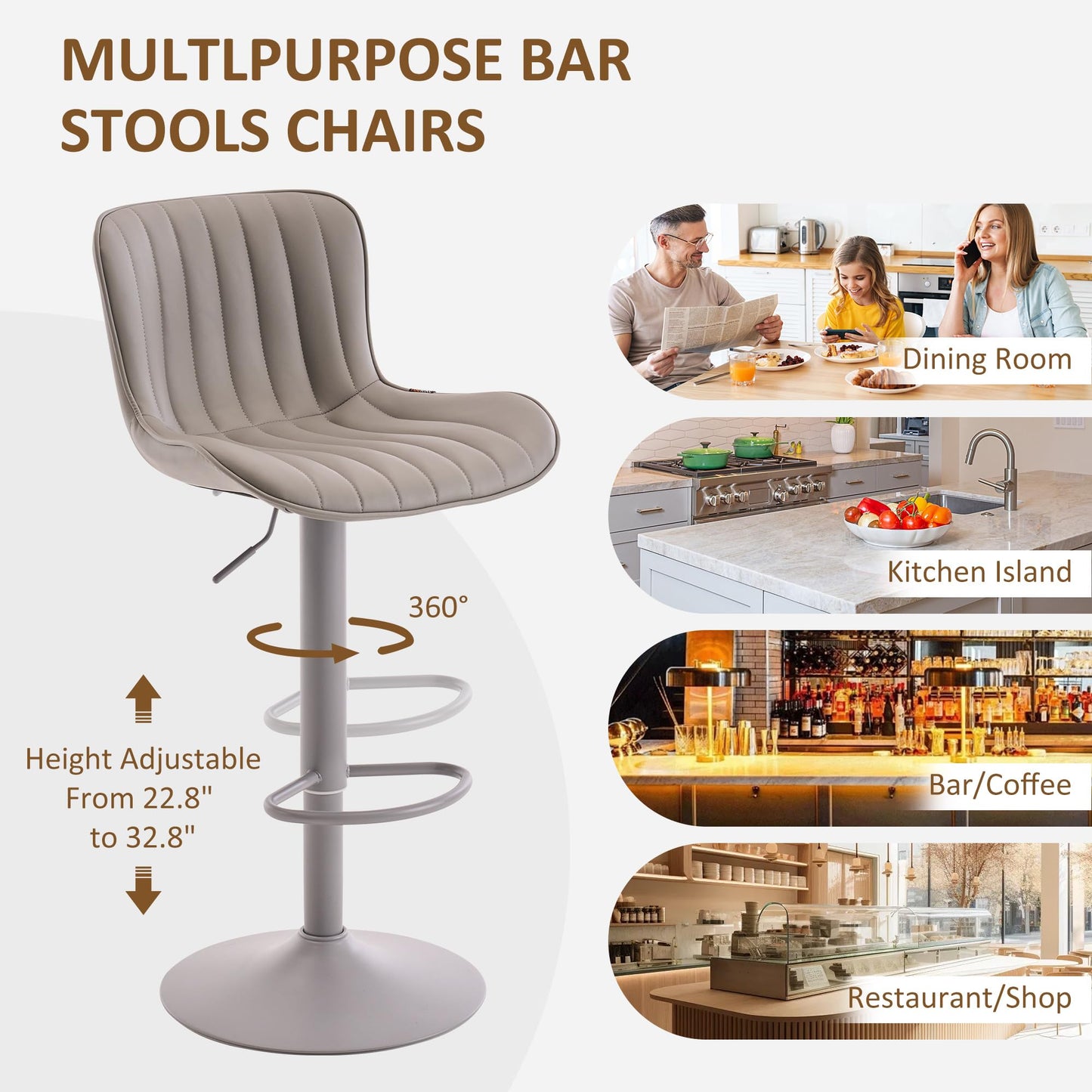 YOUNIKE Grey Bar Stools Set of 2 with Padded Back Adjustable Height Comfy Upholstered Faux Leather Bar Chairs Modern Swivel Kitchen Counter Barstools for Home Breakfast Island