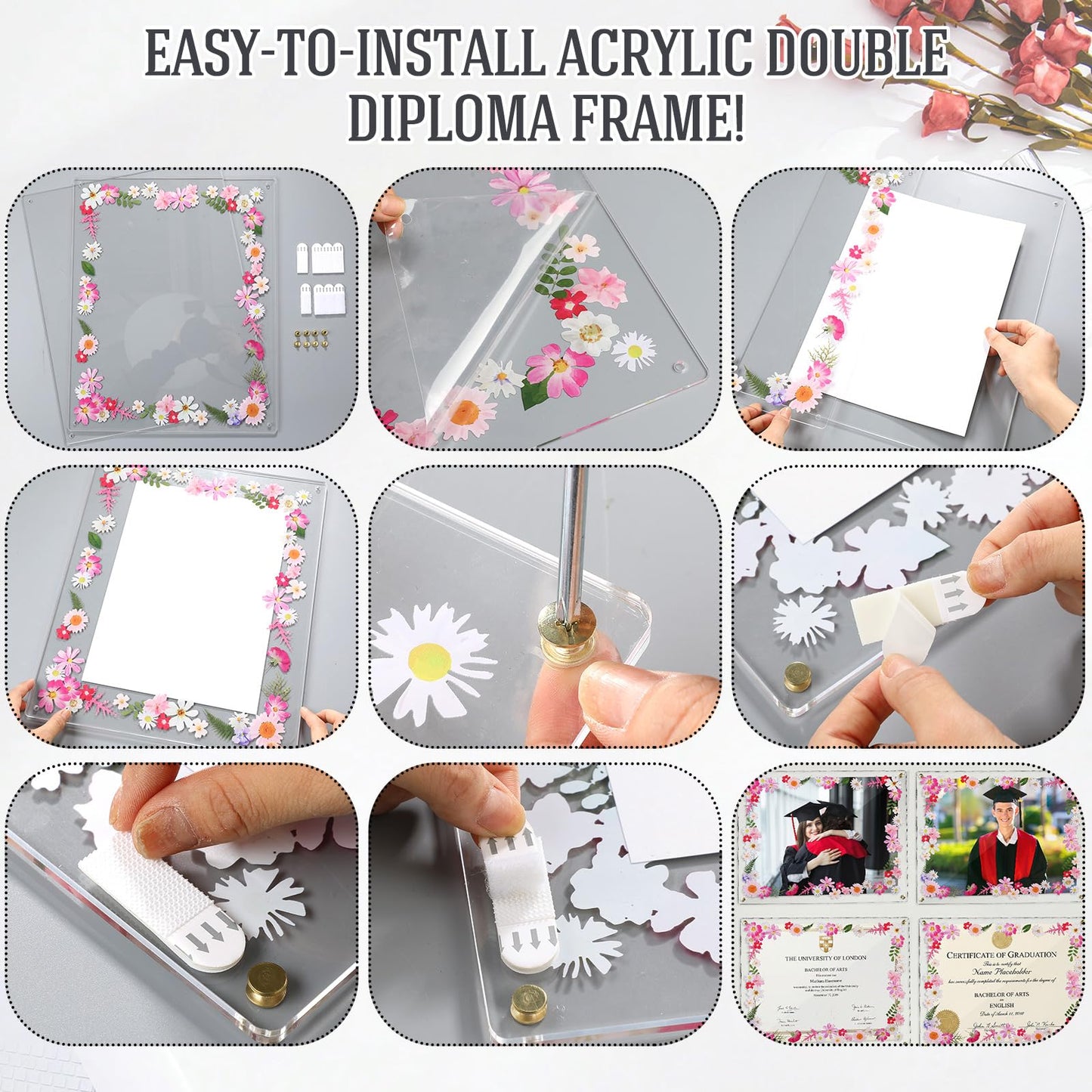 Novabright 2 Set 2026 8.5x11 Floral Acrylic Graduation Certificate Frame Pressed Flower Wall Mount Floating A4 Picture Frame Double Panel for Graduation Certificate Degree Document Memory Picture Gift