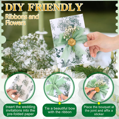 FeilxStella 100 Sets Wedding Invitations Kit with Pre-Folded Vellum Jackets for 5x7 Cards, Sage Green Chiffon Ribbon, Gold Wax Seal Stickers, Dried Pressed Flowers, DIY Wedding Invitation Supplies