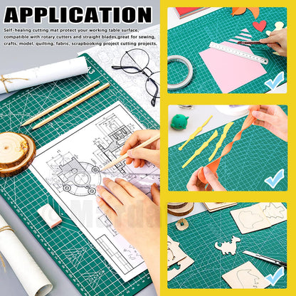 Mardatt 3Pcs A3 A4 A5 PVC Self Healing Cutting Mat with Precision Carving Knife, 5-Ply Double Sided Non-Slip Cutting Board Mat with Grid for Crafts Sewing Quilting Fabric（Green）