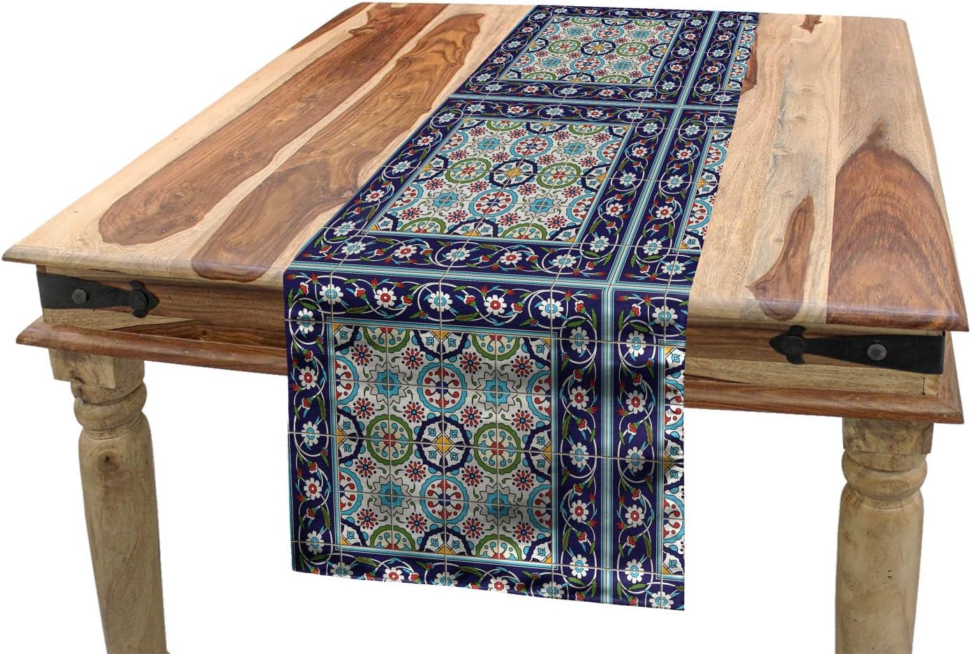 16" 72", Ambesonne Ethnic Table Runner, Moroccan Ceramic Art Style Flower Bouquets Mosaic Ottoman Turkish Azulejo