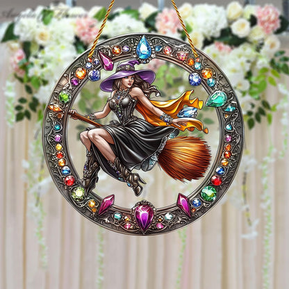 8x8 inch Charming The Witch Rides A Broom Acrylic Stained Glass Window Hanging Sun Catcher Decor Stained Panel Hangings Wall Art Decor, for Friends and Family (Witch Broom)