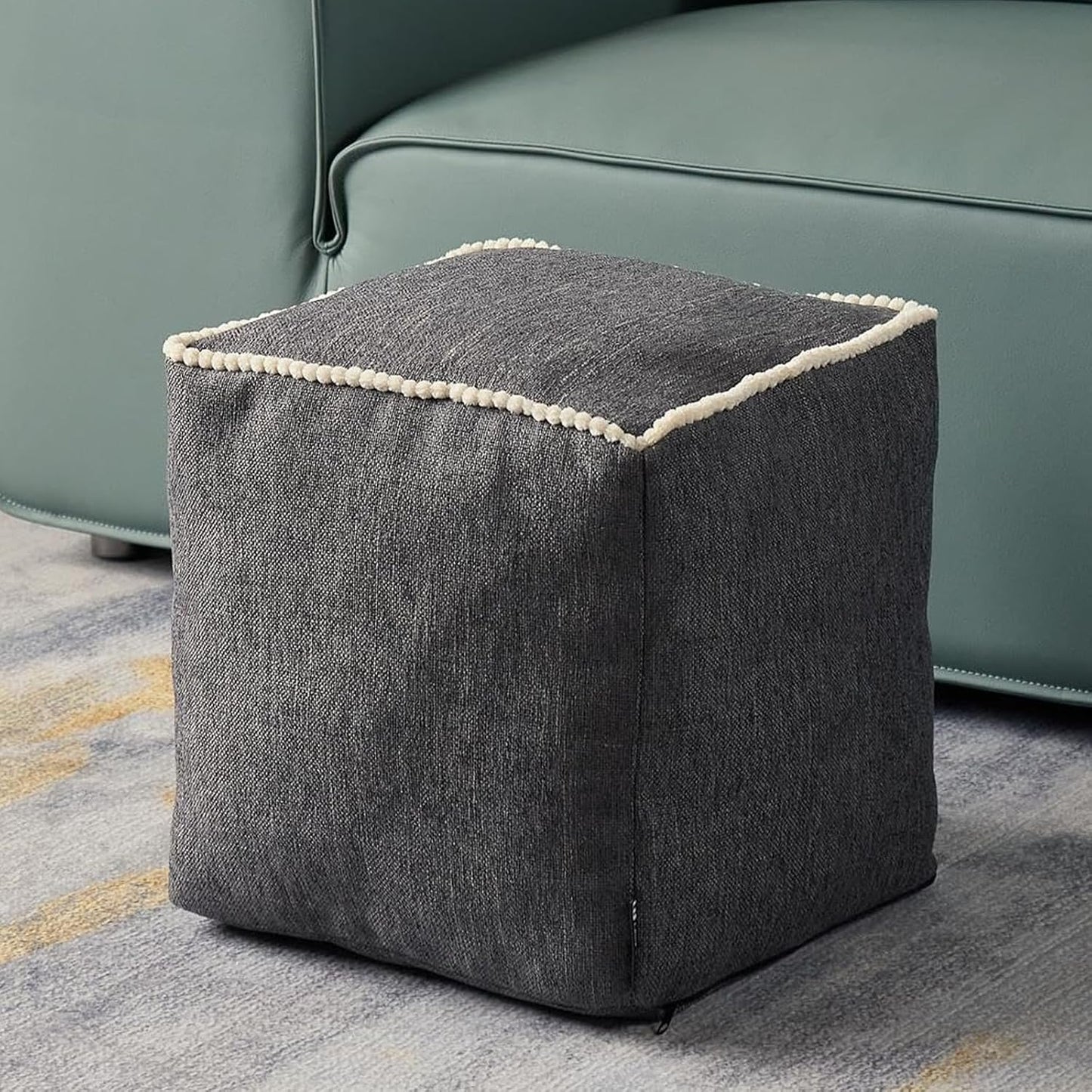 17x17in Louis Donn Geometric Unstuffed Pouf Cover Cotton Poufs with White Piping Contact Stiching Footstool Rest Soft