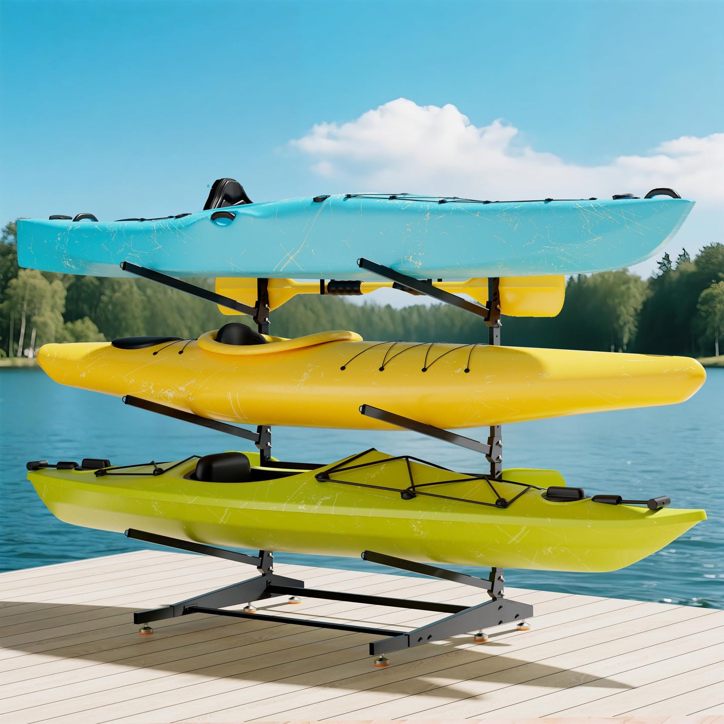 AlloyLake 3-Tier Freestanding Kayak Storage Rack, Heavy Duty Outdoor Canoe Stand for Garage & Dock, 330 lbs Capacity, Rust-Proof 304 Stainless Steel Hardware (Black)