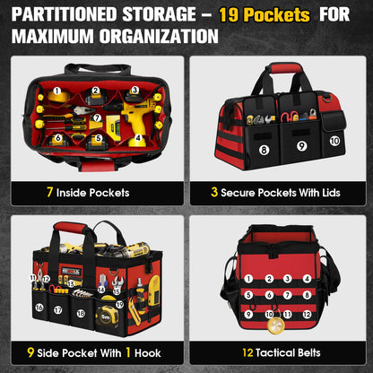 16-Inch Heavy Duty Tool Bag, 19-Pockets Tool Box Organizer, Portable Toolbag W/Soft Handle for Organized Storage, Mechanic Gifts for Men Dad Husband Fathers Day, Wide Mouth Electrician Toolbox, Red