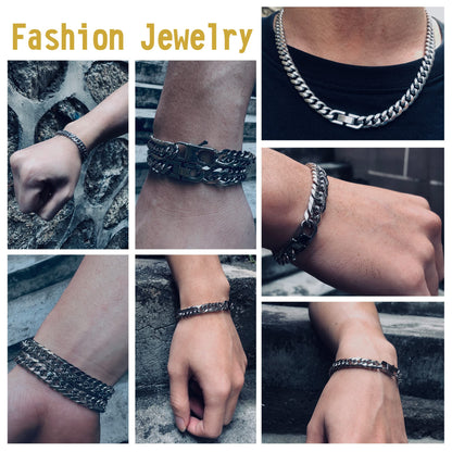 Aoody 3PCS Cuban Link Bracelet Necklace, Sturdy 316L Stainless Steel Cuban Link Chain for Men Jewelry Set 8mm, 7inches