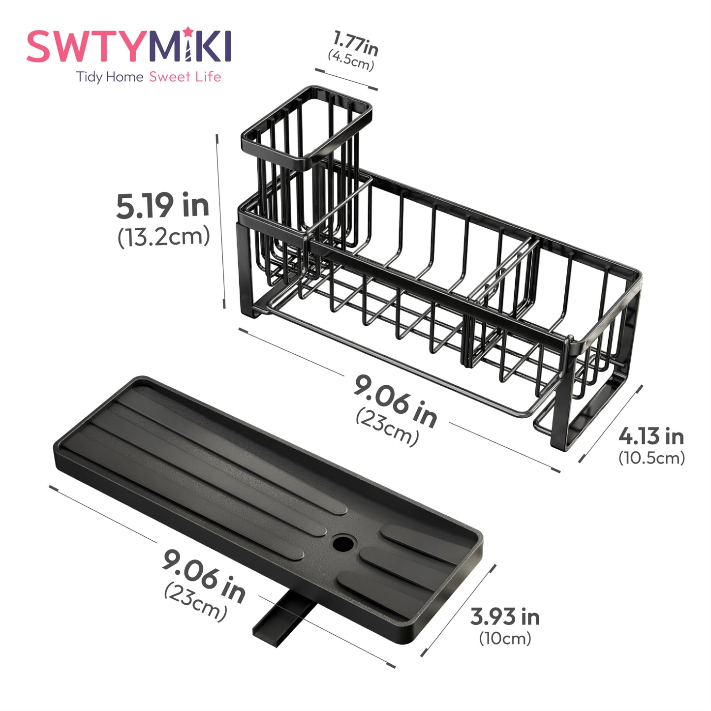SWTYMIKI Sponge Holder for Kitchen Sink - Sink Caddy with Brush Holder Self-draining Sponge Caddy Organizer with Divider Stainless Steel Kitchen Accessories Storage for Countertop, Black