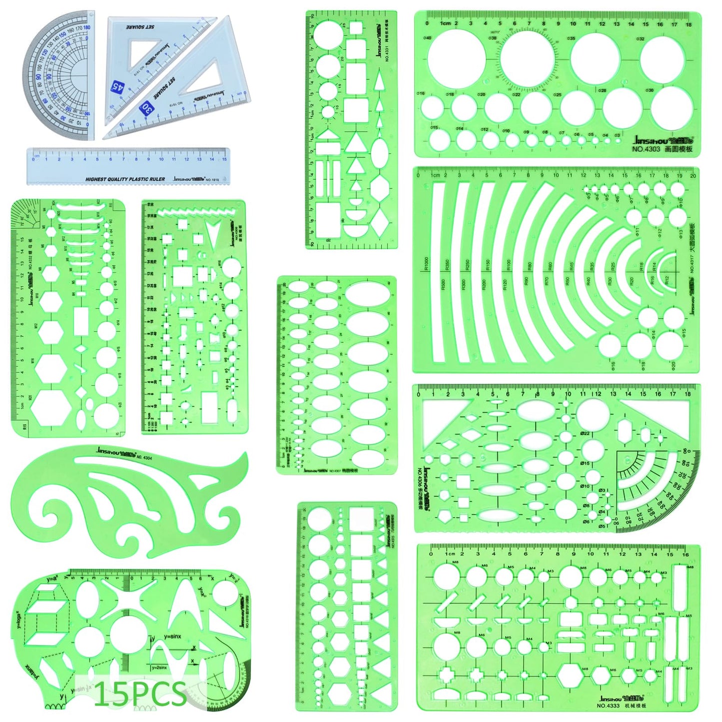 15PCS Geometric Drawings Templates, Measuring Geometry Rulers, Drafting Stencils Measuring Tools