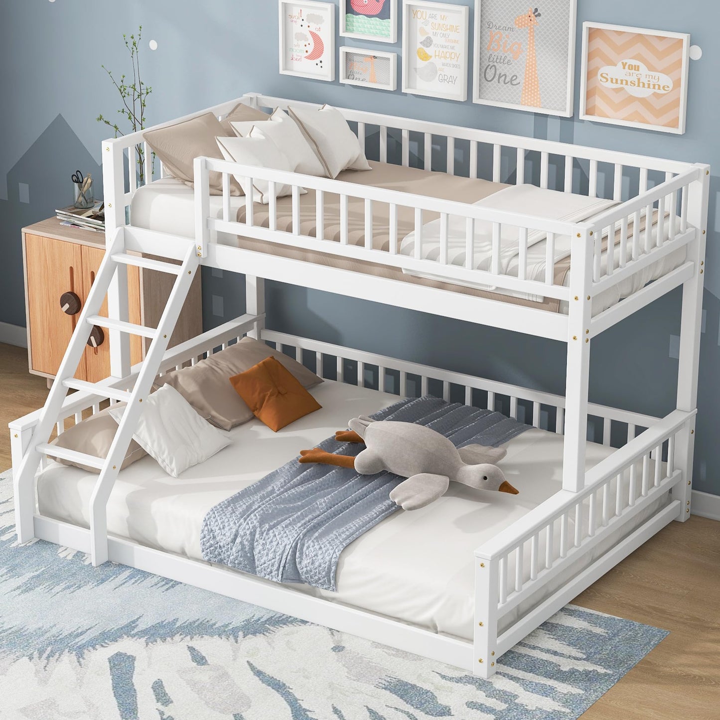 Merax Twin XL Over Queen Floor Bunk Bed with Ladder and Guardrails, Bedroom Wood Bunk Bed Frame for Kids/Teens/Youths/Adults, Space Saving & Noise Free, No Box Spring Needed, White