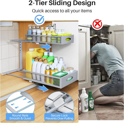 Under Sink Organizer | 2-Pack 2-Tier Pull-Out Cabinet Shelf with Metal Slides & Mesh Drawers - Grey