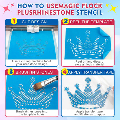 Sureio 20 Sets 12×8 Inches Rhinestone Template Kit with 20pcs Self-Adhesive Flock 20pcs Heat Transfer Tape, Squeegee Tool and Gems, for DIY Rhinestones Vinyl Cutting Machine Craft Gift
