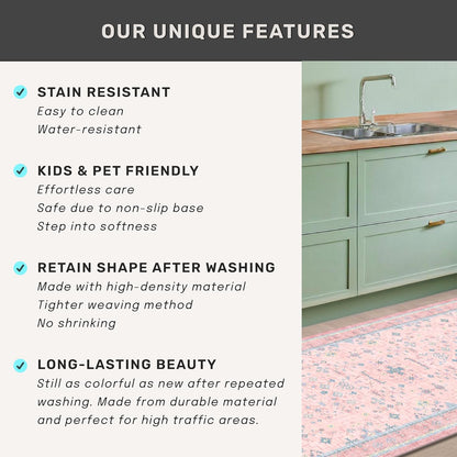 Oushak Floral Vintage Pink Area Rug - 5x7 Washable Low Pile Carpet for Kids' Playroom & Nursery