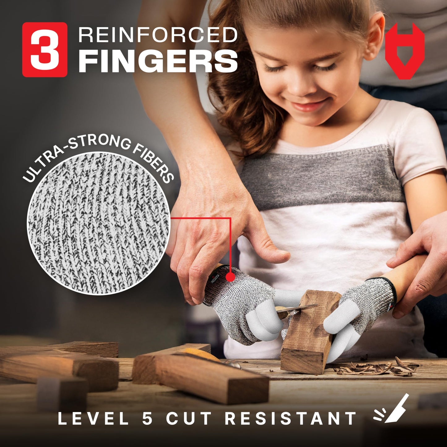 NoCry Kids Cut Resistant Gloves with 3 Reinforced Fingers - 100% Food Grade Kids Cooking Gloves with Level 5 Protection - Lightweight, Ambidextrous and Machine Washable Knife Gloves