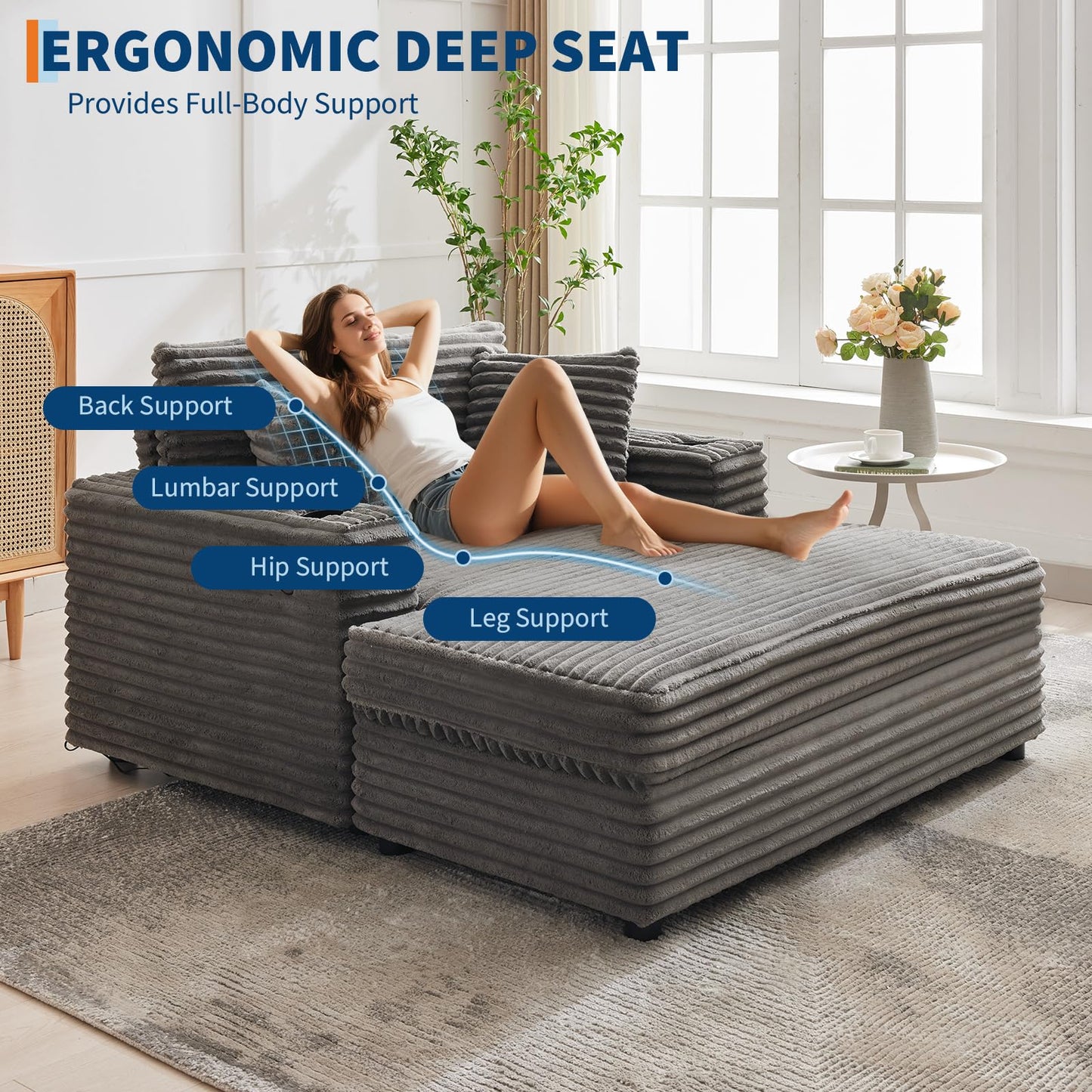 Garvee 60" Oversized Chaise Lounge Chair Indoor, Corduroy Upholstered Sleeper Sofa Bed w/Cup Holder & Charging Port, Cloud Couch Sofa Chair w/Throw Pillows & Wide Arms for Living Room, Bedroom, Gray