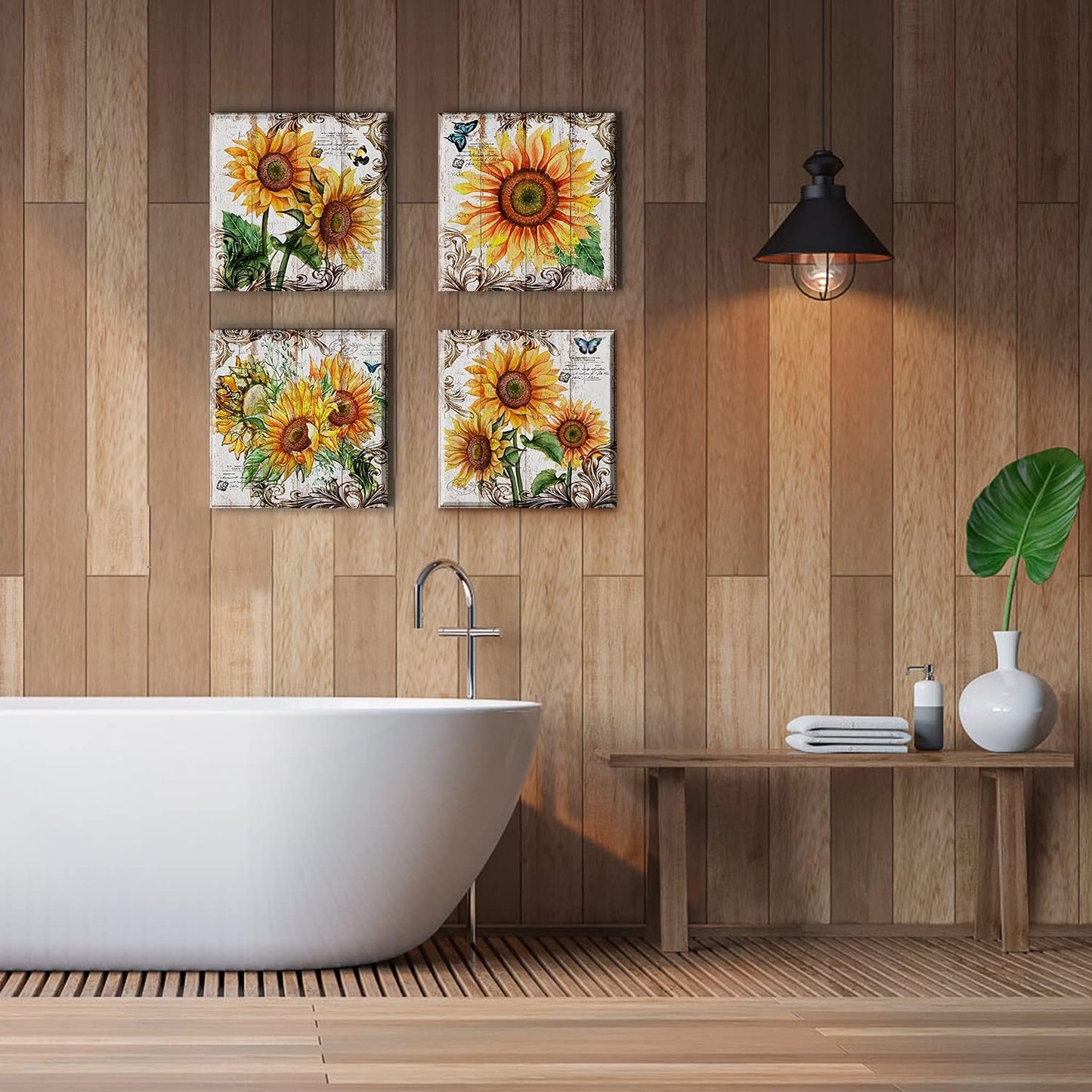 Sunflower Wall Art Bathroom Decor - Rustic Kitchen Yellow Flower Canvas Prints, 12x12" 4Pcs