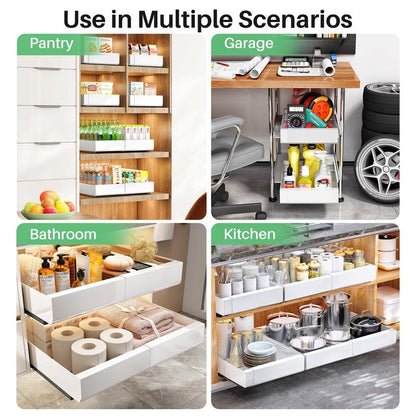 Pull out Cabinet Organizer, Wider Expandable(14"-24") Heavy Duty Slide out Drawers Fixed with Adhesive Nano Film for Pots, Roll out Shelf Storage for Kitchen Cabinet Organization(White-1pc)(3 Rails)