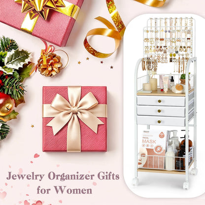 Keebofly Jewelry Organizer Stand with 3 Drawers, Large Necklace Holder & Earring Organizer Rack, Wooden Jewelry Tree Tower for Rings, Bracelets, Sunglasses and Skincare, Gift for Women, White
