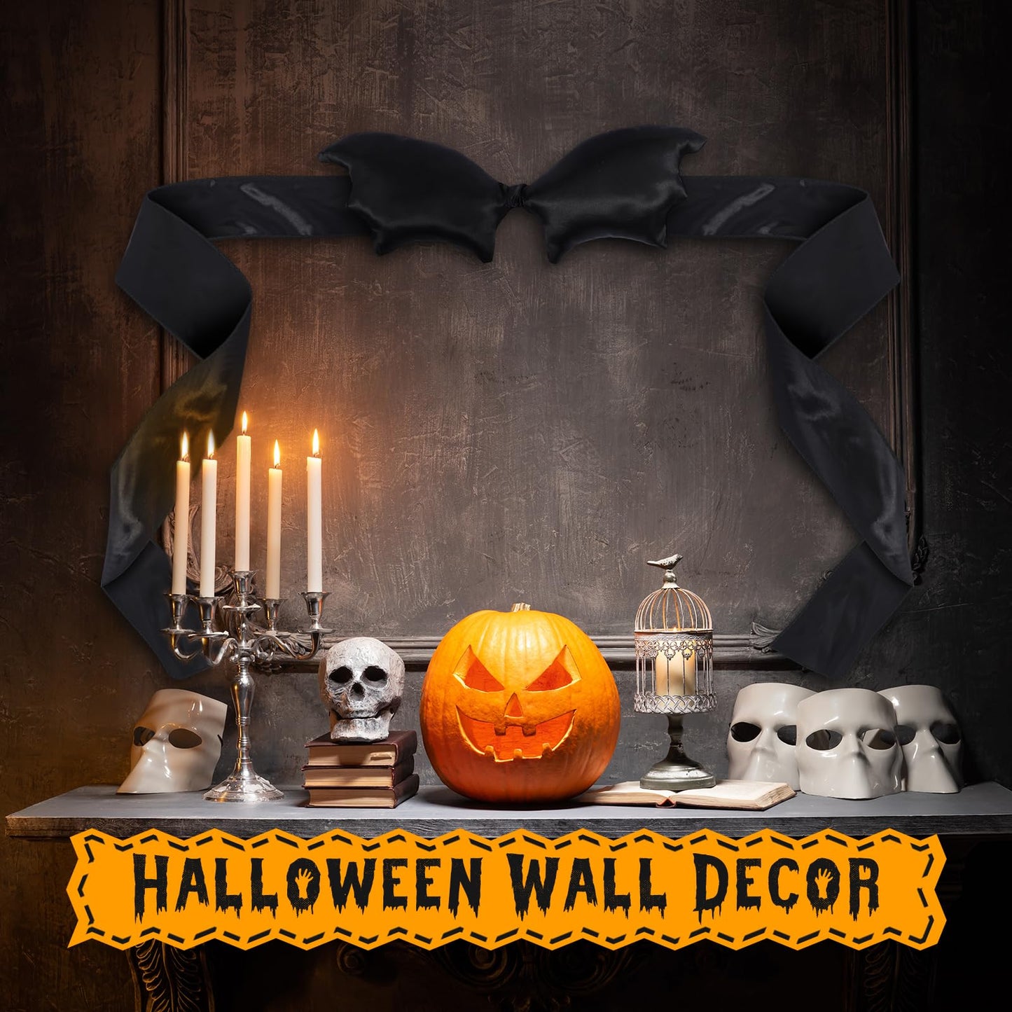 Suncalla Large Halloween Fireplace Decor Bat Bow Mantel Scarf 123 x 6 Inch Big Black Bow Decor for Halloween Party Door Window Fireplace