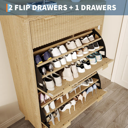 IDEALHOUSE 48" Tall Freestanding Fluted Shoe Storage Cabinet with 2 Flip Drawers, Hidden Narrow Shoe Rack Organizer Cabinet Storage for Entryway Living Room