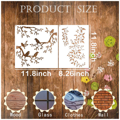 Tree Leaf Vine Stencils for Painting on Wood, Large Bird Branches Stencils for Crafts Reusable Wood Burning Drawing Art Paint Stencil and Patterns for Wall Furniture Canvas (Tree)