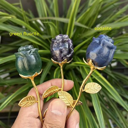 Crystal Rose Gemstone Flower Jewelry Carved Home Decoration,Reiki Heal,Girlfriend Gift,Mom's Gift,Valentines Gift (Golden stem,2piece Sodalite)