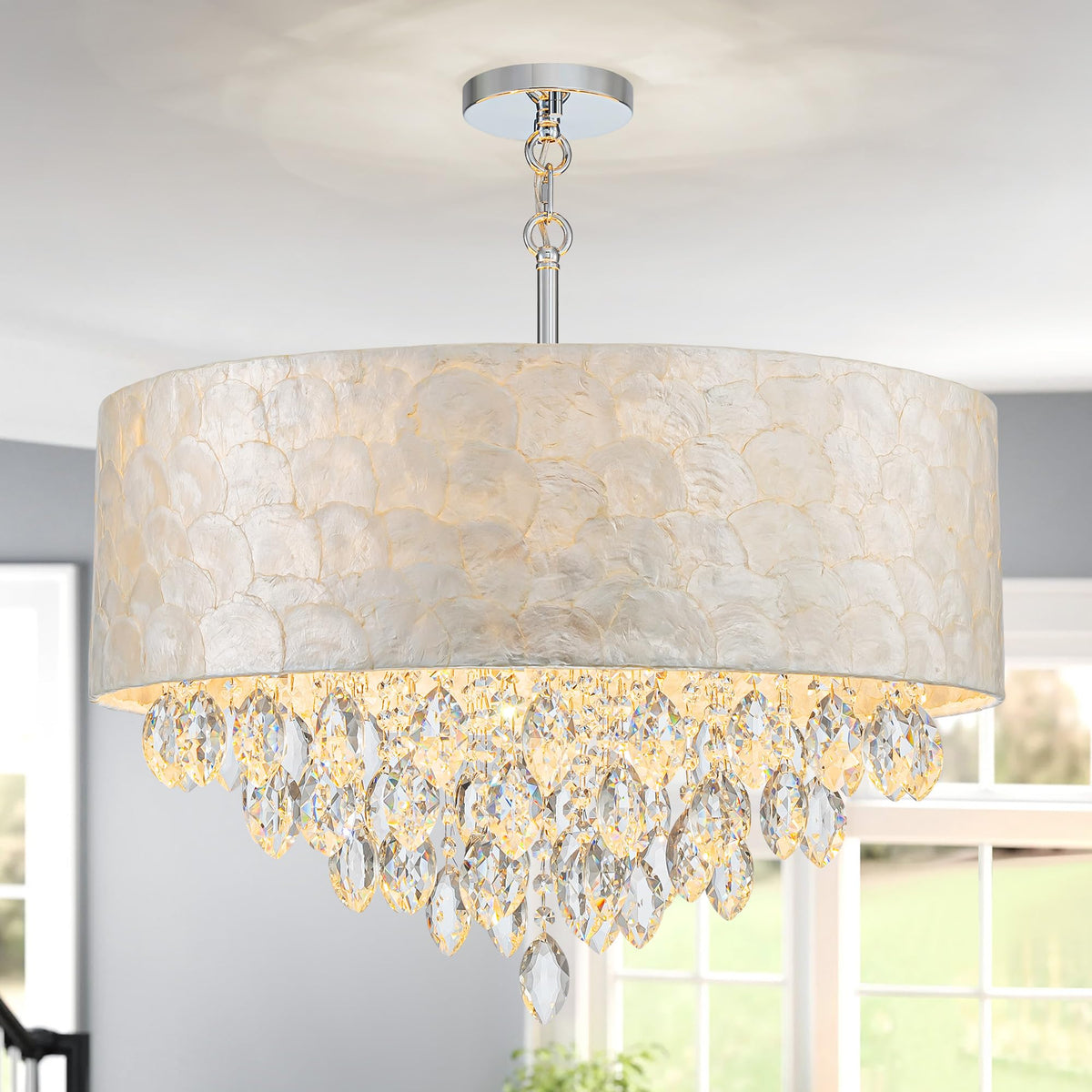 Pine Flicker X-Large 6-Light Drum Capiz Shell K9 Crystal Chandelier, Coastal Style Pendant Light Fixture for Dining Room, Living Room, D24 * H24~70 inch (Adjustable), Clear Crystal & Chrome Finish
