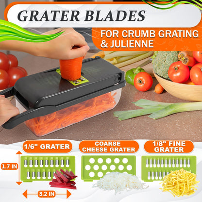 14-in-1 Vegetable Chopper with Container – Veggie Chopper with Container and Lid Includes 6 Blades, Cheese Grater, Egg Separator | Finger Guard, Dishwasher Safe – Veggie Dicer for Chips, Cubes, Strips