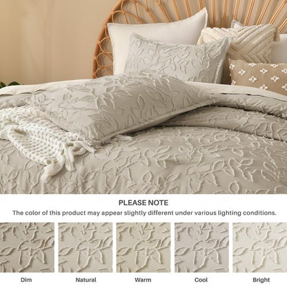 Litanika King Size Comforter Set Oatmeal, 3 Piece Khaki Boho Tufted Bedding, Beige Fluffy Farmhouse Bed Set for All Season with 2 Leaf Pattern Pillowcases（104x90In）