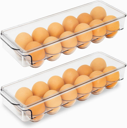 12 count 2 Pack Egg Holder for Fridge Egg Container for Refrigerator Clear Stackable with Lid & Handles