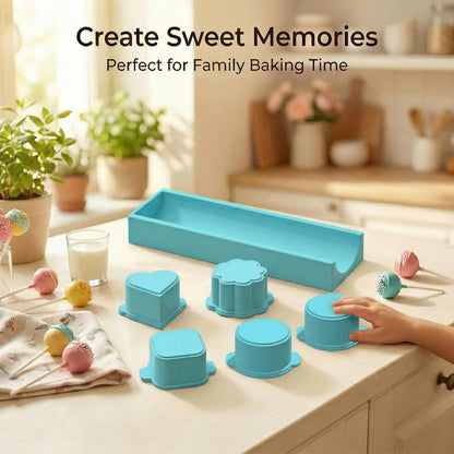 Hokkieam 5 PCS Cake Pop Mold Set with 7.87-inch Tray, Heart Square Cloud Oval Round 3D Printed Cake Pop Cutter and Pusher, Baking Molds for Home Baking, Birthday Parties, Wedding Desserts