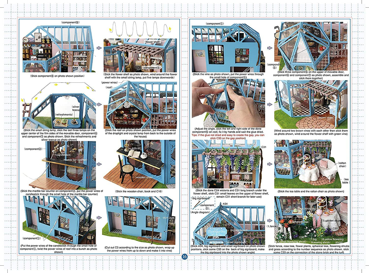 CUTEROOM Dollhouse Miniature with Furniture, 3D Wooden Miniature Doll House with Music Box & LED Lights,1:24 Scale DIY House Kit (Rose Garden Tea House)