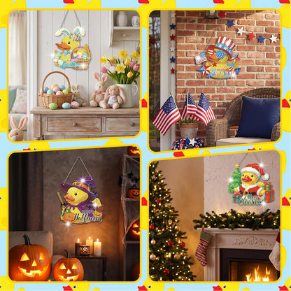 Cinnvoice 12 Pcs Seasonal Diamond Art Wreath Kits Holiday 5d DIY Diamond Painting Signs Germ Hanging Art Ornaments for Wall Door Decorations (Duck)