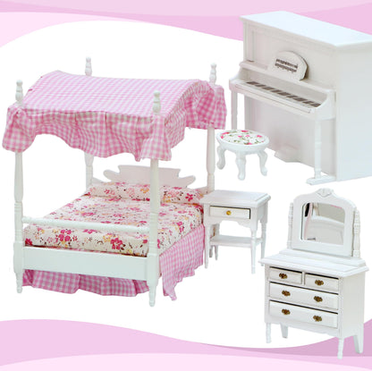 iLAND Dollhouse Furniture Bedroom Set Doll House Mini Bed for Dolls Wooden Miniature Furniture with 1 12 Scale Accessories Pink Dollhouse Accessories Decor