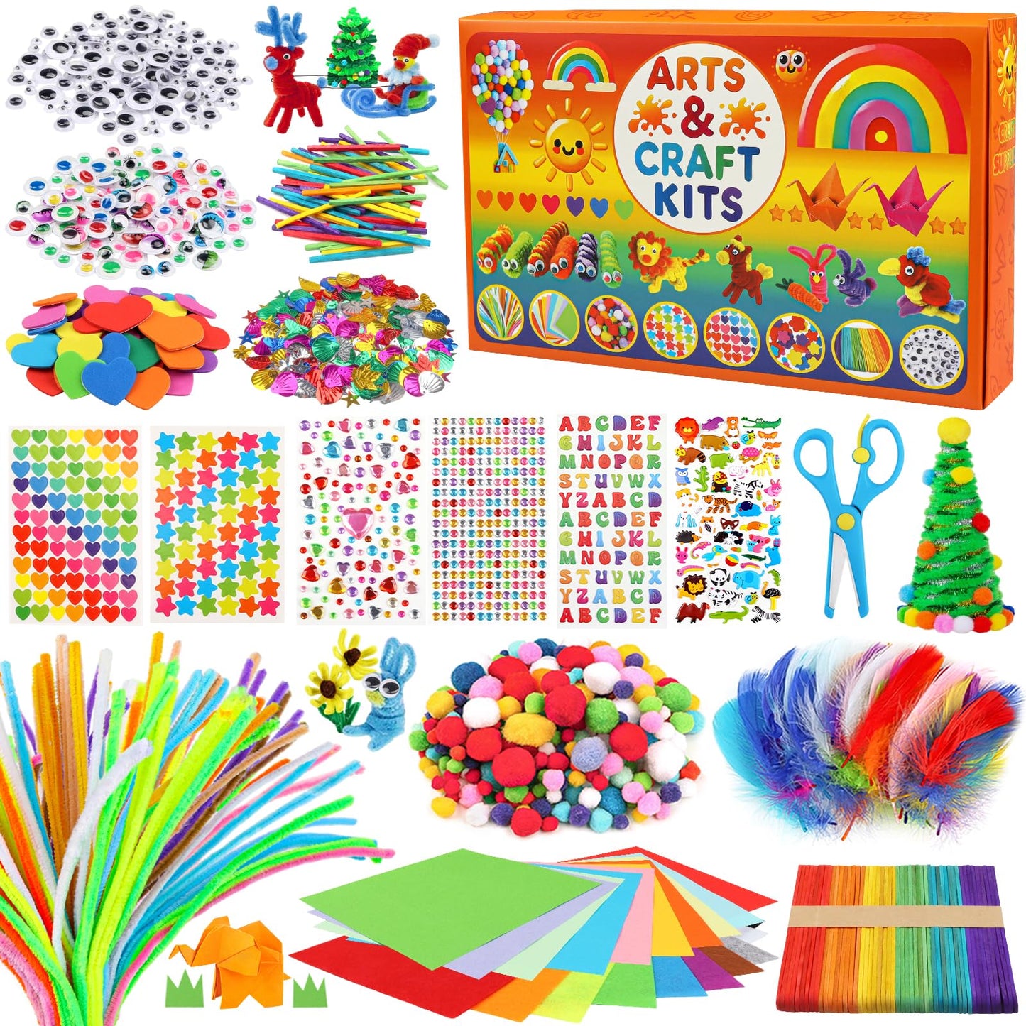 DOITEM Pipe Cleaners Craft Supplies, Arts and Crafts Supplies Including Pipe Cleaner Wiggle Googly Eyes Pom Poms Feathers Sticks Sequins for Kids Over 8 Years Old