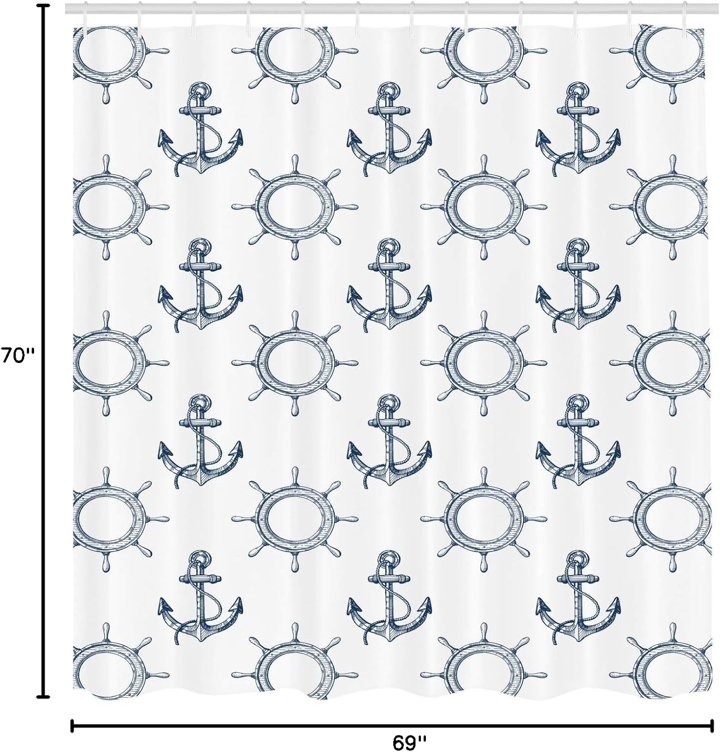 Ambesonne Ships Wheel Shower Curtain, Night Blue Anchors and Steering Wheels Pattern, Marine Themed Print, 69" W x