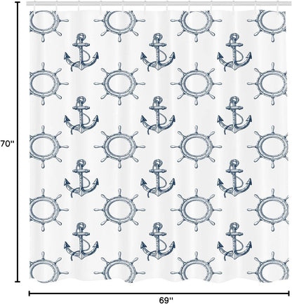 Ambesonne Ships Wheel Shower Curtain, Night Blue Anchors and Steering Wheels Pattern, Marine Themed Print, 69" W x