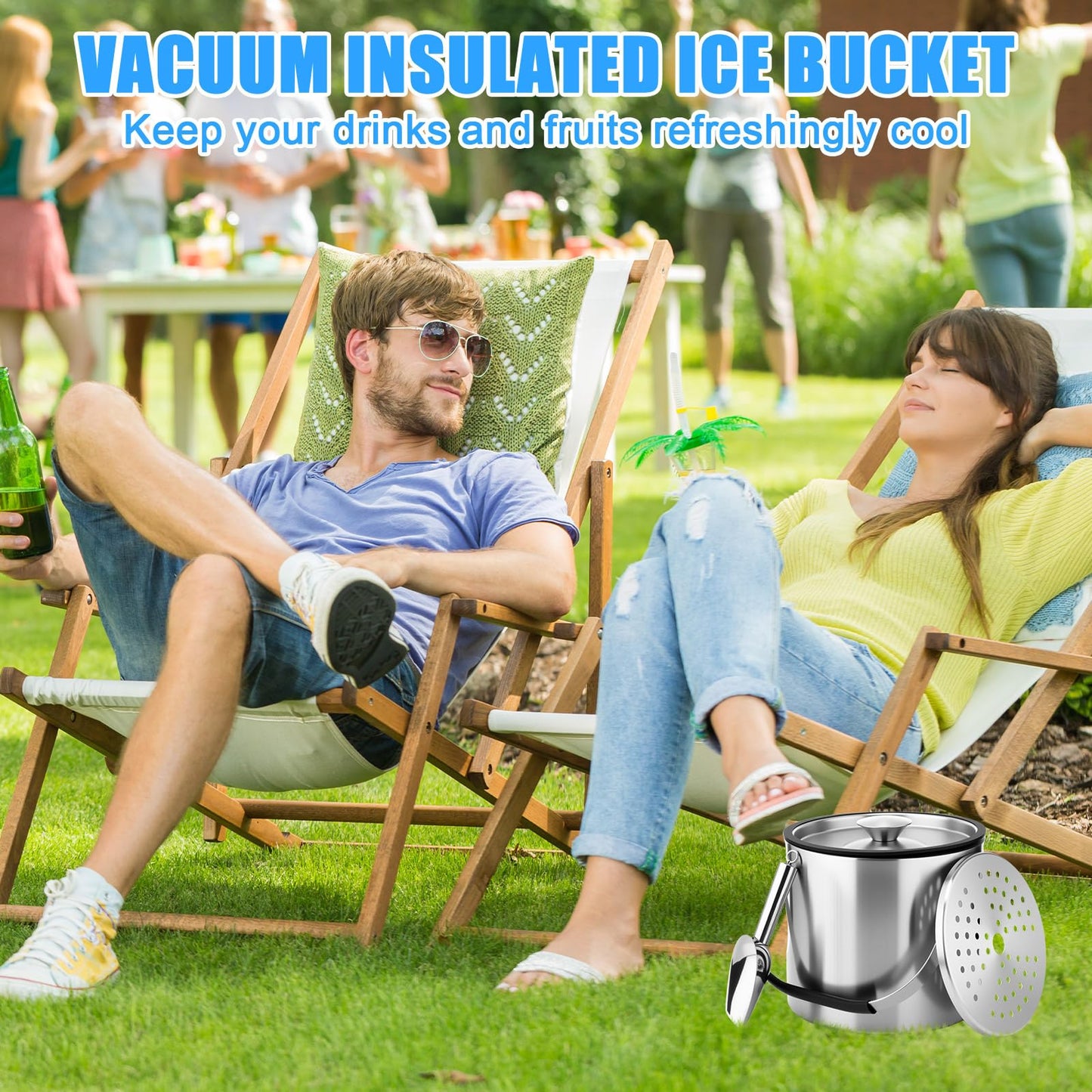 meekoo 4 L Double Wall Insulated Ice Bucket with Lid, Scoop, Strainer, Handle Large Stainless Steel Wine Ice Bucket Upgraded Cover Keep Frozen Longer for Cocktail Bar Parties(Silver)