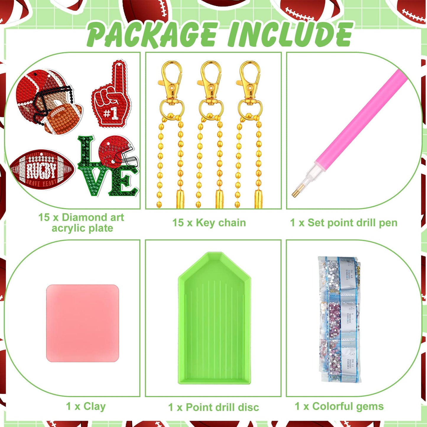Yinkin 15 Pcs Football Diamond Art Keychains 5d Diamond Painting Keychain Football Party Decoration DIY Ornaments Pendant Kits for Adult