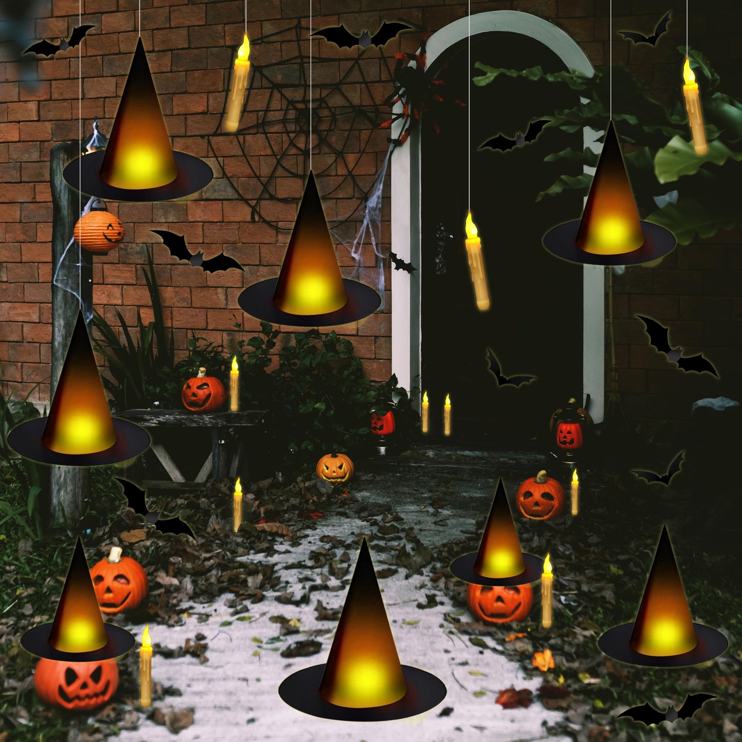Fayoo Floating Candles with Wand, 12PCs Magic Hanging Candles, Floating Light Up Witch Hats with Flameless Candle with Wand Remote, Witch Hat 3D Bats Wall Stickers Decorations for Halloween Party