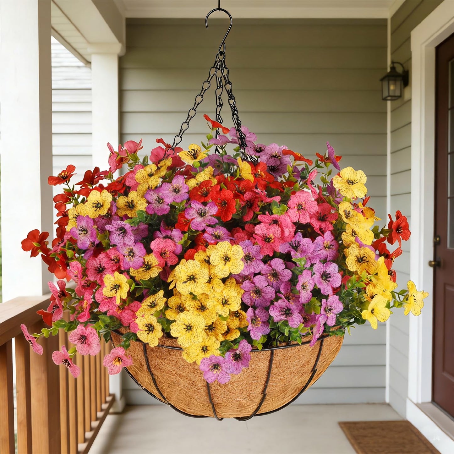 Wanderroot Artificial Outdoors Flowers with Hanging Basket, UV Resistant Fake Hanging Flowers, Faux Silk Plants with Planters for Porch Home Patio Balcony Yard (Rose Red, Purple, Yellow, Red)
