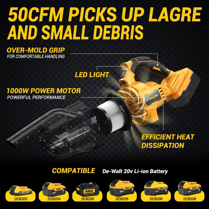 LITEKON Cordless Vacuum Compatible with 𝗗𝗘-𝗪𝗔𝗟𝗧 20V Max Battery (No Battery), Handheld Battery Powered Vacuum Cleaner for Wood Floor, Carpet, Car Cleaning, 125AW (Tool Only)